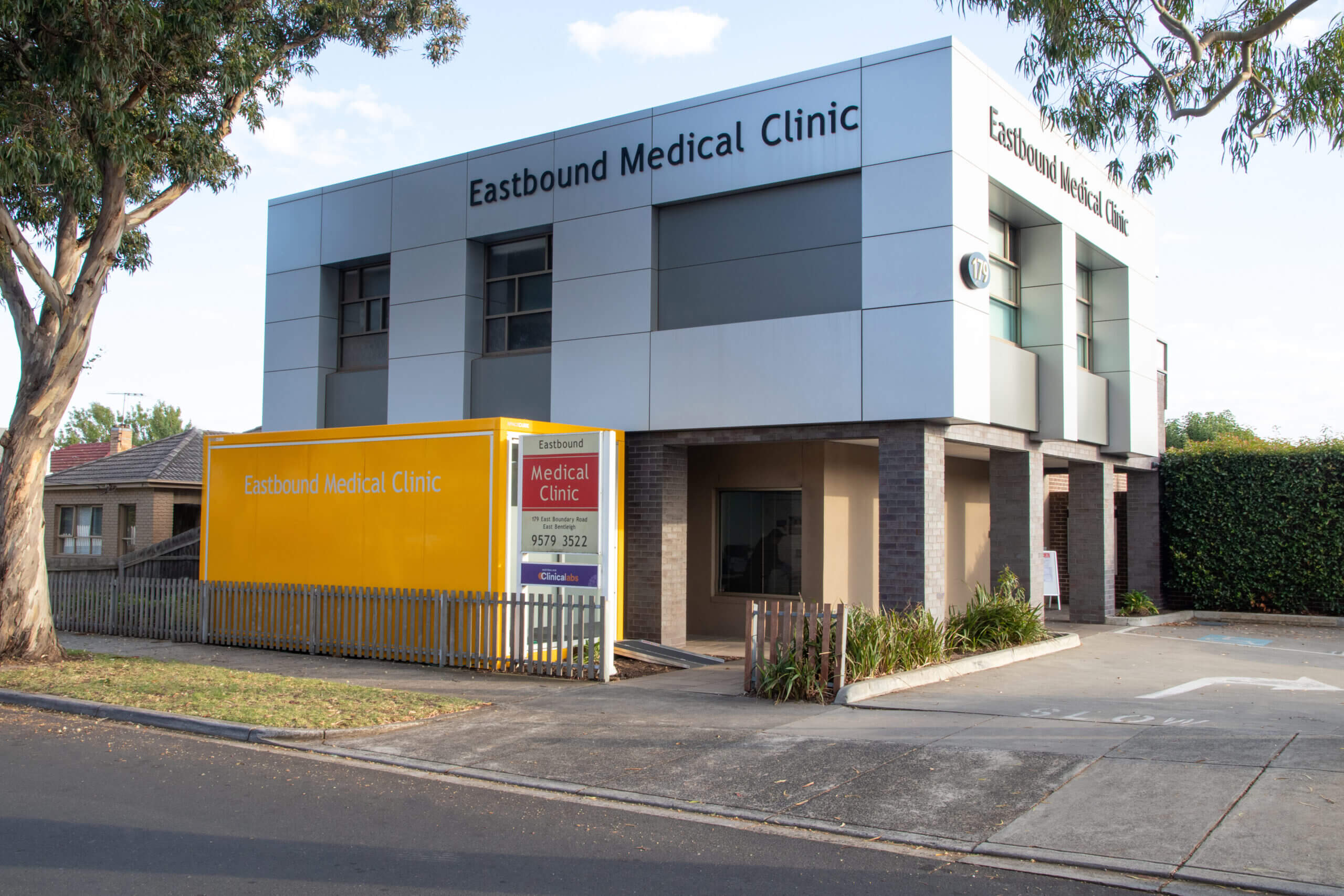 Eastbound Medical Clinic building with Spacecube in front