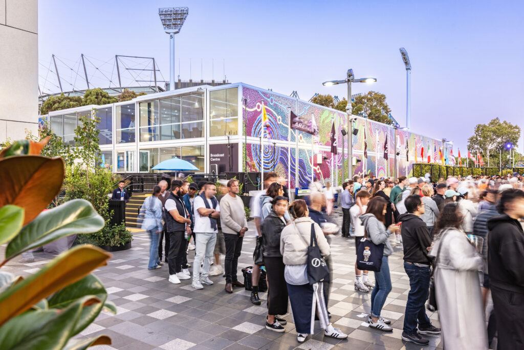 SPACECUBE modular hospitality structure at the Australian Open 2026 with crowds outside