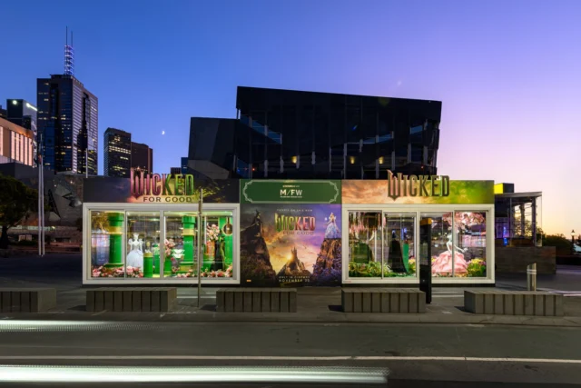 A little wicked magic in the heart of @fed.square Melbourne City🪄The finishing touches on this incredible installation for @melbfashionweek 'Wicked Wardrobe Exhibition' are nothing short of spectacular!! Well done @mothdesign and thank you for choosing SPACECUBE to exhibit this stunning display (rain or shine!) featuring costumes direct from the set of Wicked and Wicked for Good. 
✨ Live until this Sunday 26th, pop down and see it for yourself!
#WickedMovie #MFW #ModularStructures #NotOrdinary